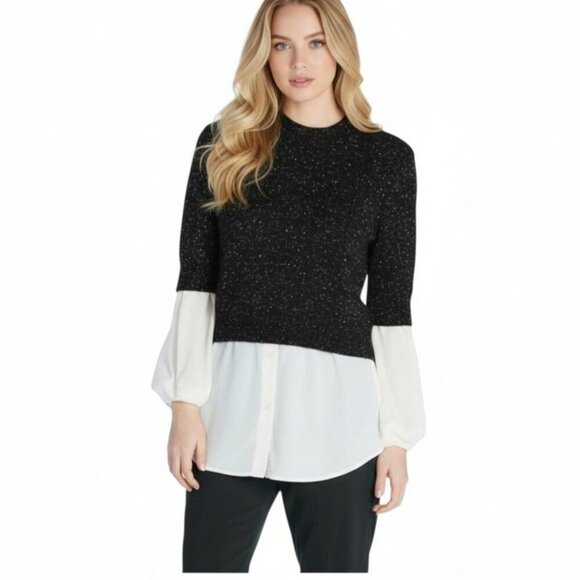 BROCHU WALKER The Ebella Layered Crew Sweater XS Black multi/white